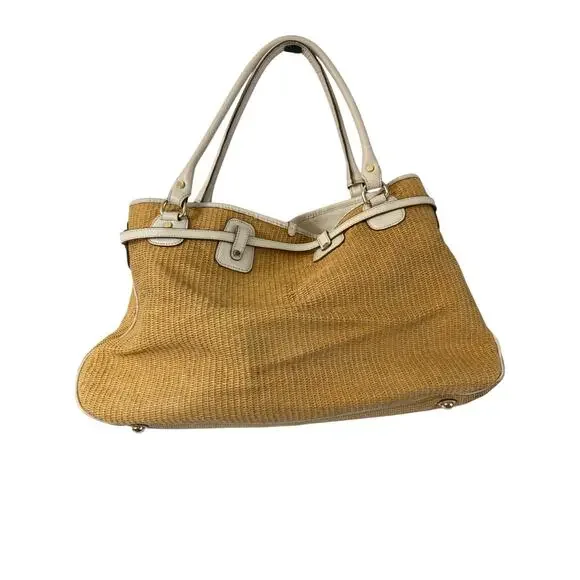 Michael Kors Straw Woven White Leather Shoulder Bag Gold Multiple Pockets - Picture 2 of 11